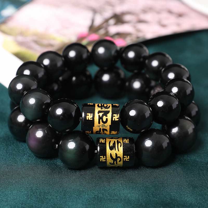 Wear FengShui Rainbow Obsidian Om Mani Padme Hum Swastika Positive Bracelet