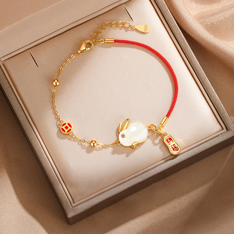 Wear FengShui Year of the Rabbit White Jade Happiness Red String Chain Bracelet