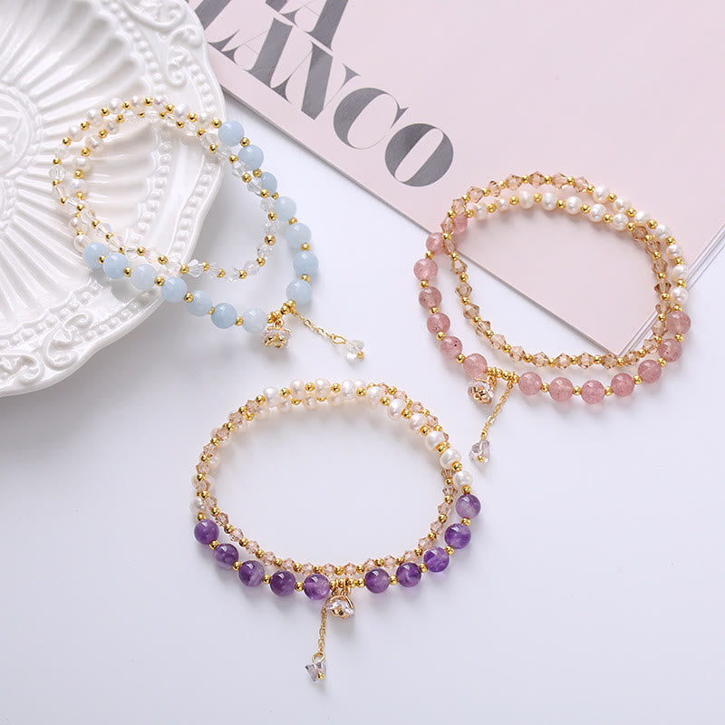 Wear FengShui Natural Amethyst Aquamarine Strawberry Quartz Pearl Peace Healing Double Wrap Bracelet