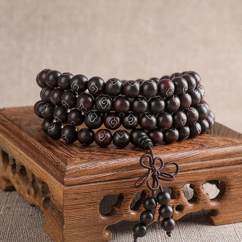 Wear FengShui 925 Sterling Silver Inlaid Small Leaf Red Sandalwood Om Mani Padme Hum Character Auspicious Clouds Protection Bracelet