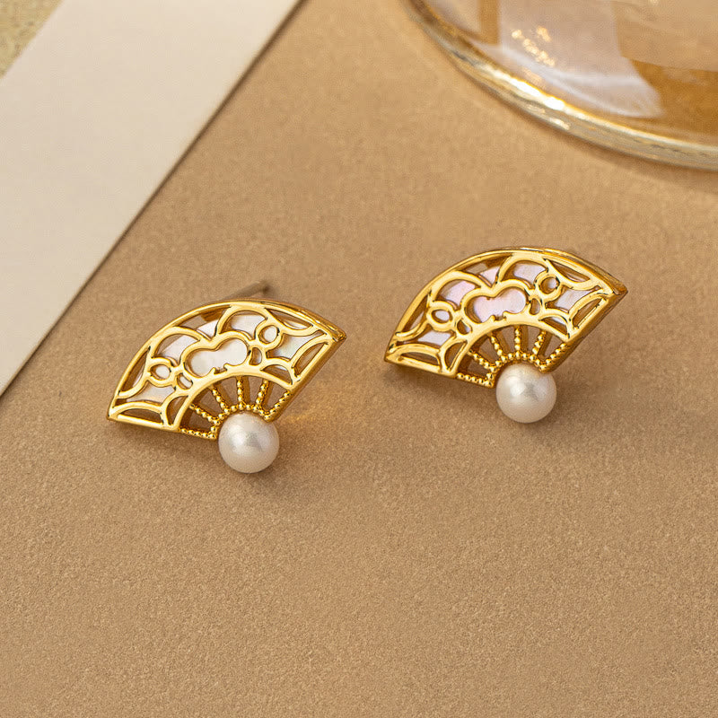 Wear FengShui 925 Sterling Silver Posts Fan Pattern Pearl Copper Wisdom Stud Drop Earrings