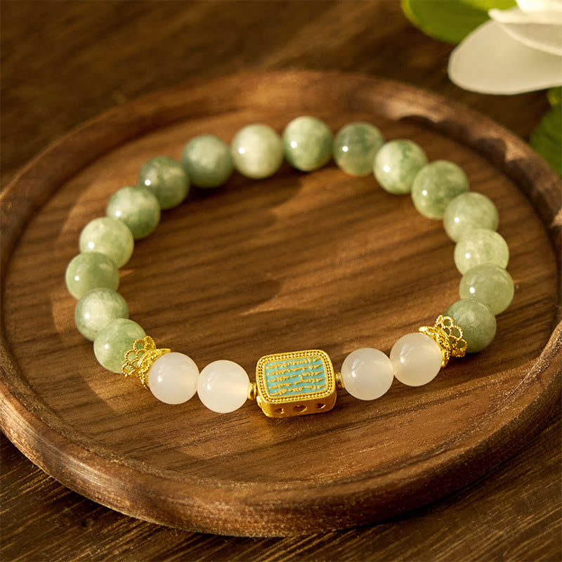Wear FengShui Natural Green Jade White Agate Five Scriptures Abundance Bracelet