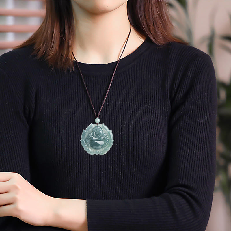 Wear FengShui Natural Jade Laughing Buddha Lotus Pattern Luck Necklace Pendant