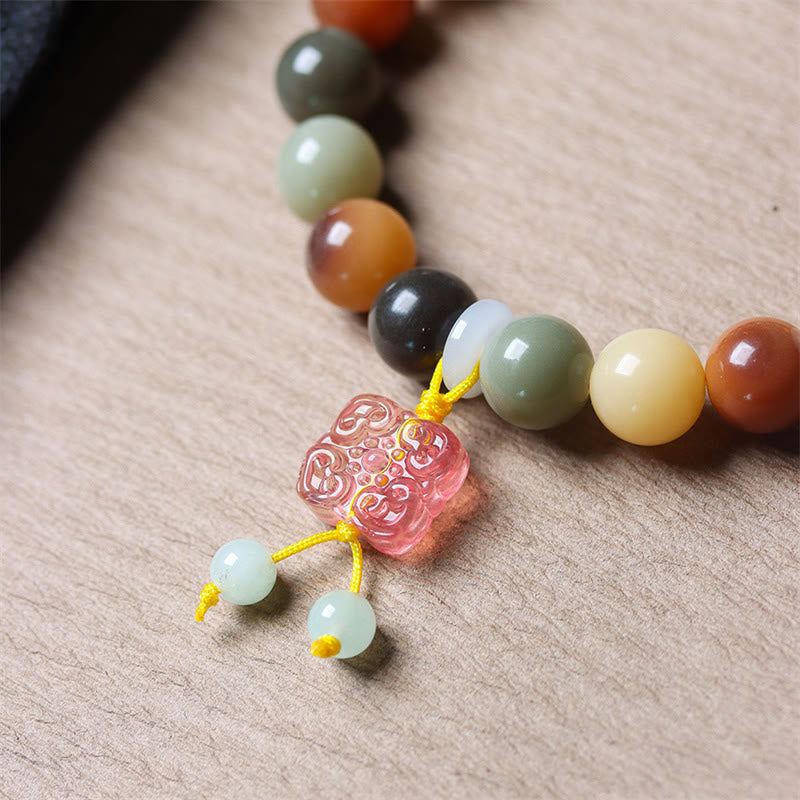 Wear FengShui Natural Multicolored Gradient Bodhi Seed Liuli Glass Charm Peace Bracelet
