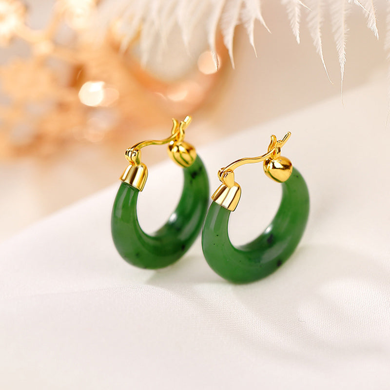Wear FengShui 925 Sterling Silver Plated Gold Natural Round Hetian Cyan Jade Luck Drop Earrings