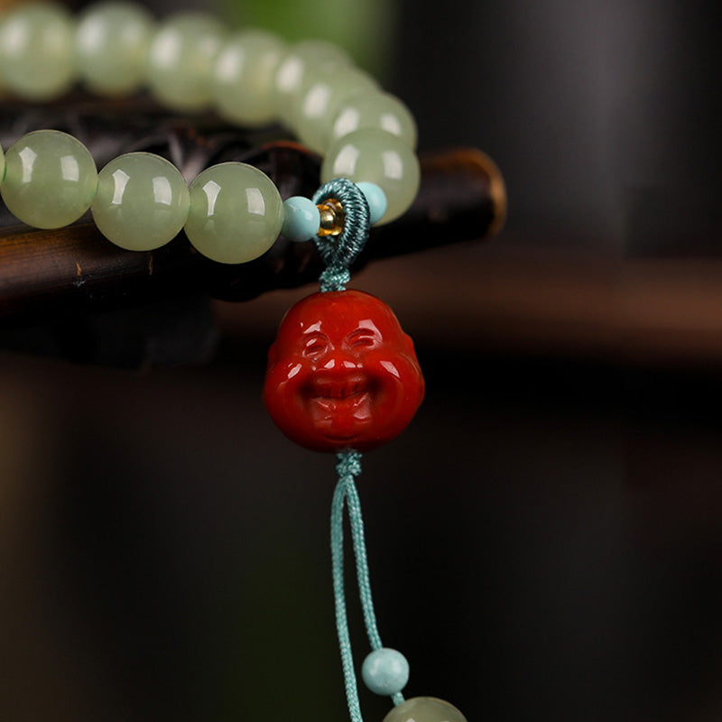 Wear FengShui Jade Red Agate Amber Laughing Buddha Prosperity Bracelet