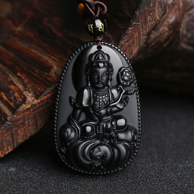 Wear FengShui Chinese Zodiac Natal Buddha Natural Black Obsidian Purification Necklace Pendant