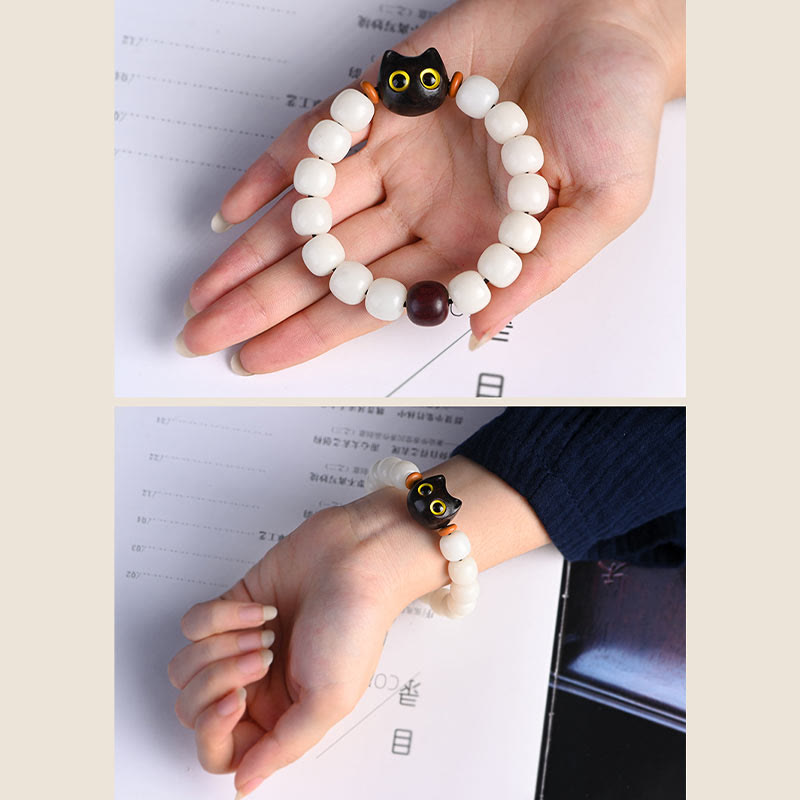 Wear FengShui Natural Bodhi Seed Small Leaf Red Sandalwood Ebony Wood Cute Lucky Cat Wisdom Bracelet