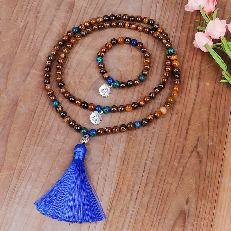 Wear FengShui 108 Mala Beads Tiger Eye Buddha Strength Bracelet Tassel Necklace Pendant