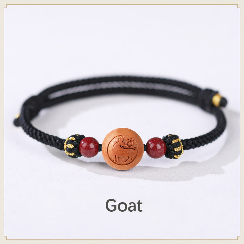 Wear FengShui Natural Peach Wood Chinese Zodiac Fu Character Carved Cinnabar Wealth Bracelet