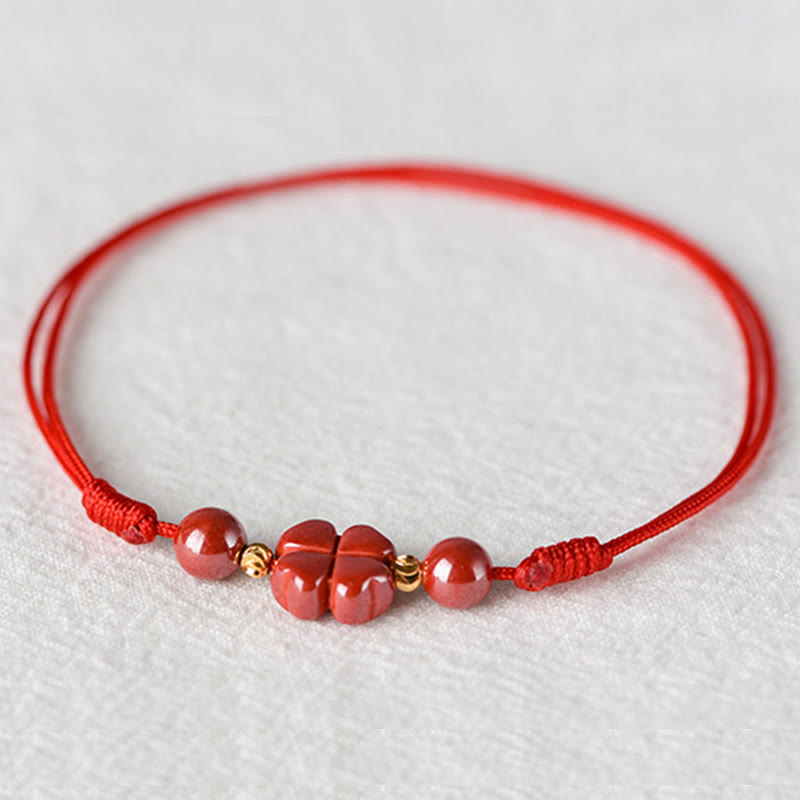 Wear FengShui Four Leaf Clover Cinnabar Blessing Calm String Bracelet Anklet