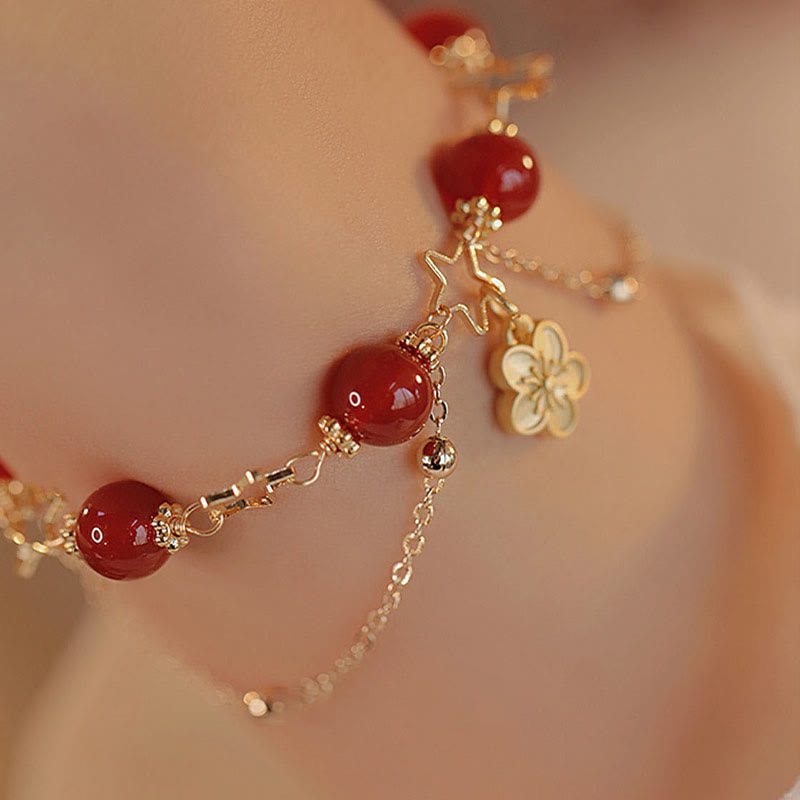 Wear FengShui 14k Gold Plated Red Agate Star Flower Charm Calm Bracelet