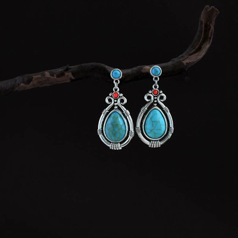 Wear FengShui Tibet Vintage Turquoise Waterdrop Strength Drop Dangle Earrings Clips