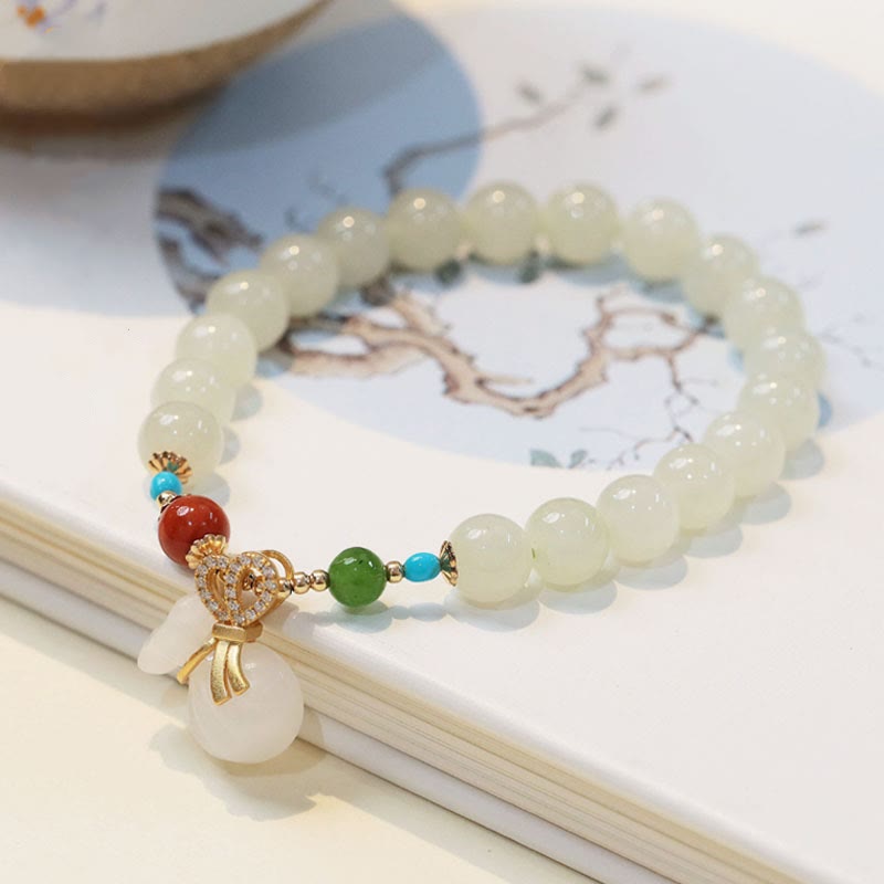 Wear FengShui Natural Hetian White Jade 14K Gold Plated Money Bag Blessing Bracelet
