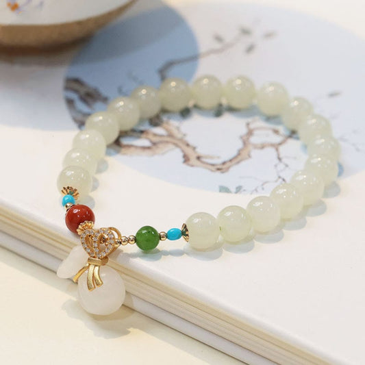 Wear FengShui Natural Hetian White Jade 14K Gold Plated Money Bag Blessing Bracelet