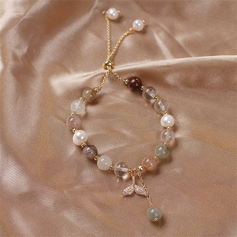 Wear FengShui Strawberry Quartz Rutilated Quartz Fishtail Charm Healing Bracelet