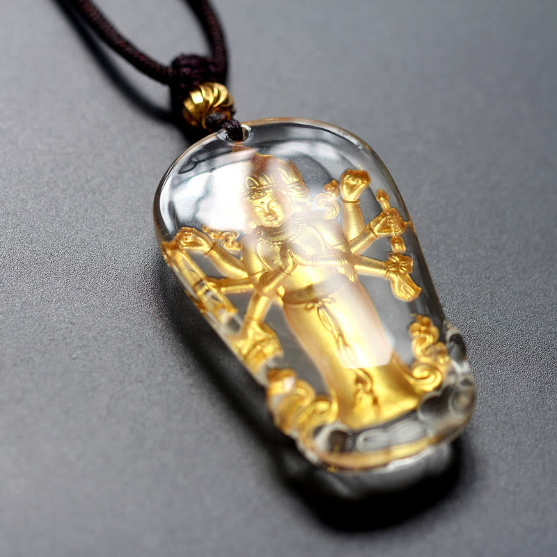 Wear FengShui Tibetan Eight-armed Avalokitesvara Guanyin Buddha Gold Plated Liuli Crystal Wealth Necklace Pendant