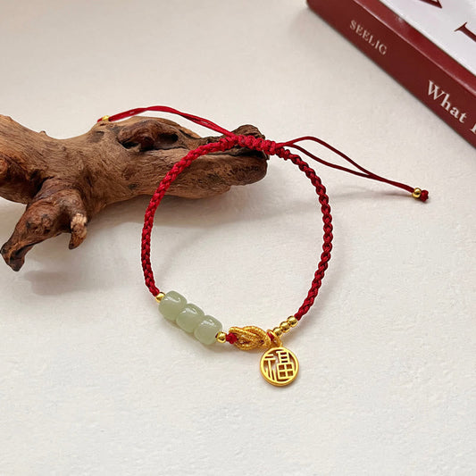 Wear FengShui Handcrafted Jade Bead Fu Character Charm Luck Red Rope Bracelet
