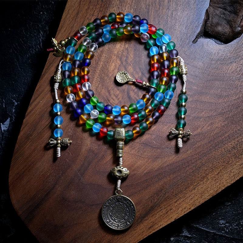 Wear FengShui Tibetan 108 Mala Beads Multicolored Liuli Glass Bead Chinese Zodiac Nine Palaces Eight Diagrams Charm Bracelet