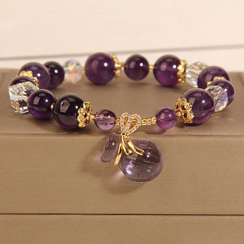 Wear FengShui Natural Amethyst Crystal Money Bag Charm Positive Bracelet