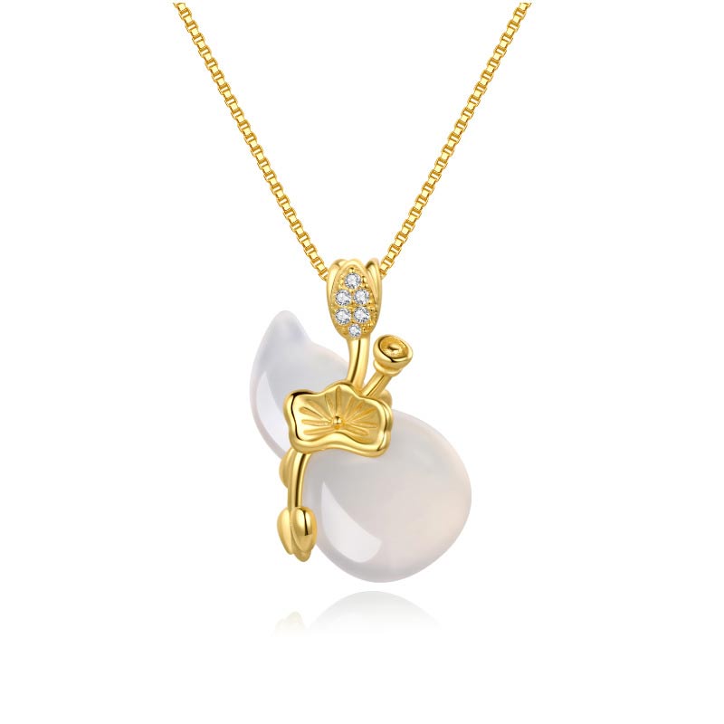 Wear FengShui Cyan Jade Gourd Lotus Leaf Abundance Pendant Necklace