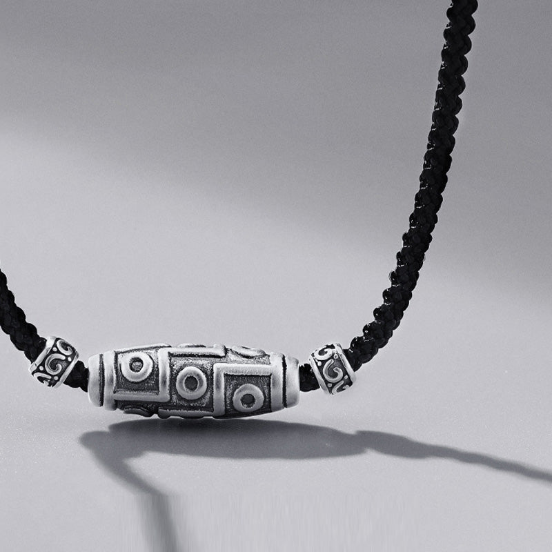 Wear FengShui 999 Sterling Silver Nine-Eye Dzi Bead Pattern Protection Rope Necklace Pendant