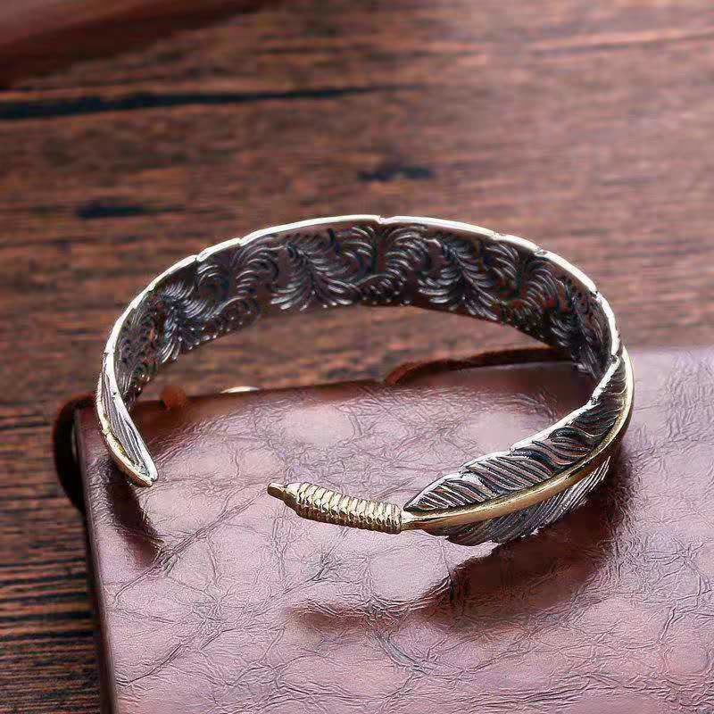 Wear FengShui Feather Pattern Carved Luck Wealth Cuff Bracelet Bangle