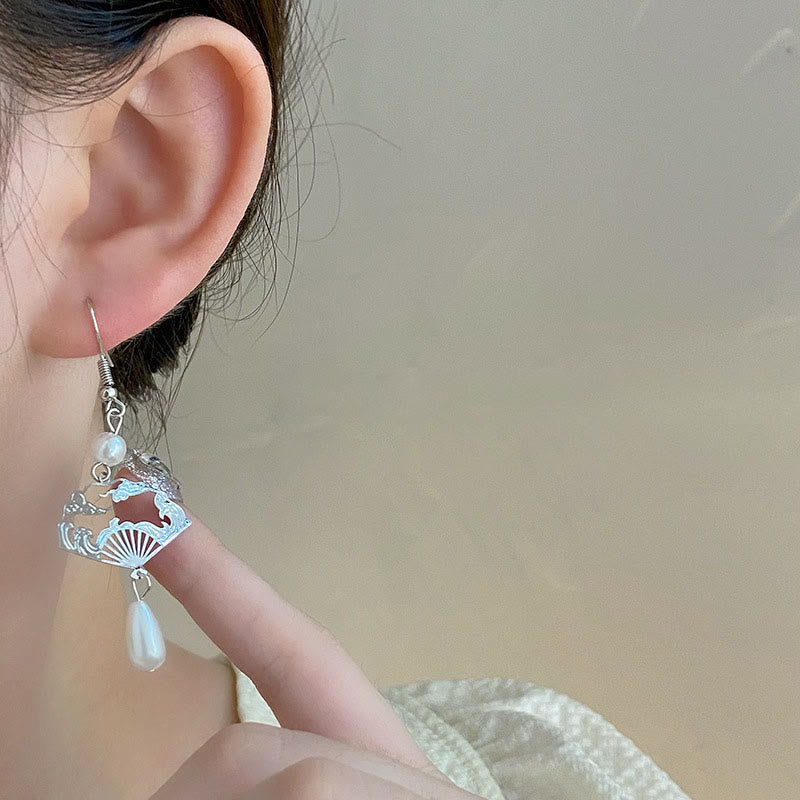 Wear FengShui Copper Fan Auspicious Clouds Pearl Healing Drop Earrings