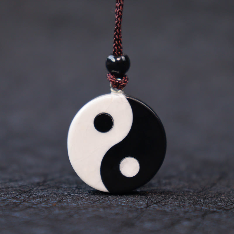 Wear FengShui Natural Black Obsidian White Turquoise Yin Yang Fulfilment Strength Necklace Pendant