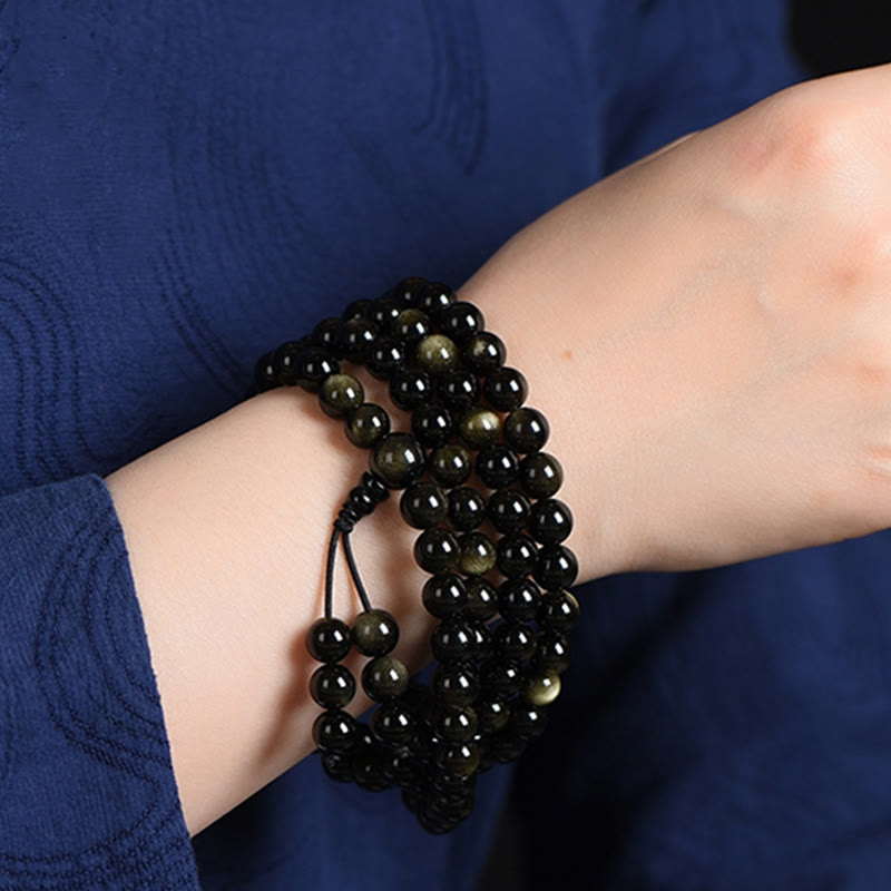 Wear FengShui 108 Mala Beads Natural Gold Sheen Obsidian Wealth Bracelet