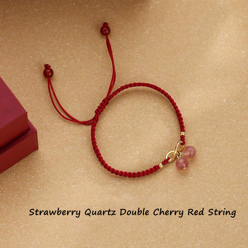 Wear FengShui Strawberry Quartz Crystal Endless Knot Love Healing Red String Weave Bracelet