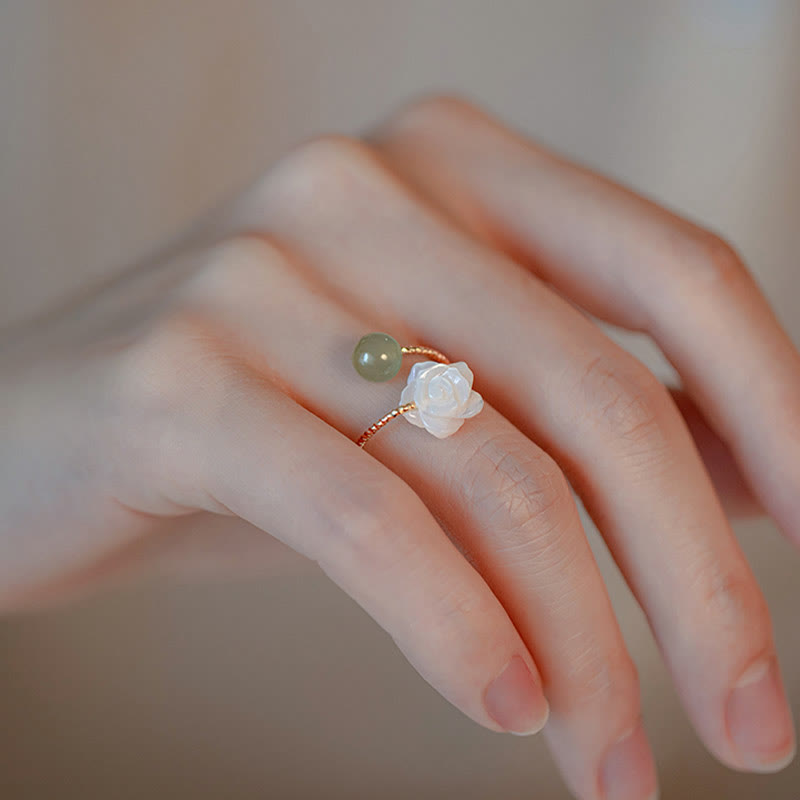Wear FengShui 14K Gold Plated Tridacna Stone Rose Flower Jade Bead Blessing Ring