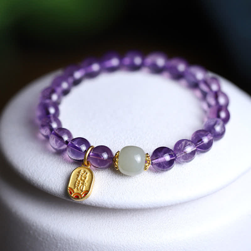 Wear FengShui Natural Amethyst Crystal Hetian Jade Healing Charm Bracelet