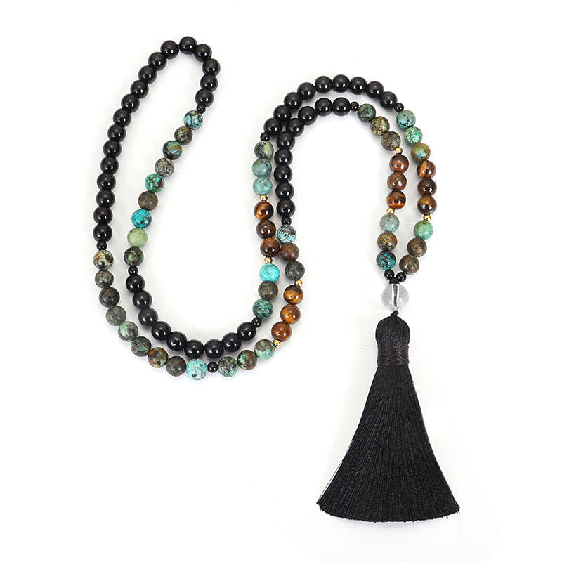 Wear FengShui 108 Mala Beads Natural Stone Tiger Eye Turquoise Protection Strength Bracelet Necklace