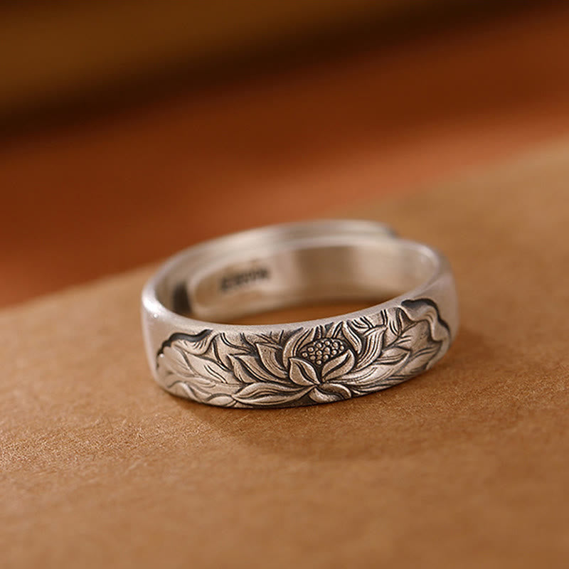 Wear FengShui 999 Sterling Silver Lotus Flower Plum Blossom Auspicious Clouds Engraved Enlightenment Ring