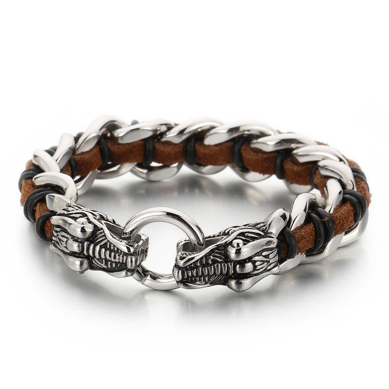 Wear FengShui Dragon Leather Titanium Steel Protection Luck Braided Bracelet