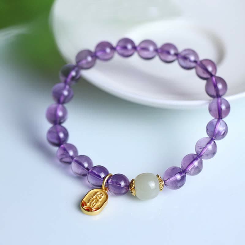 Wear FengShui Natural Amethyst Crystal Hetian Jade Healing Charm Bracelet