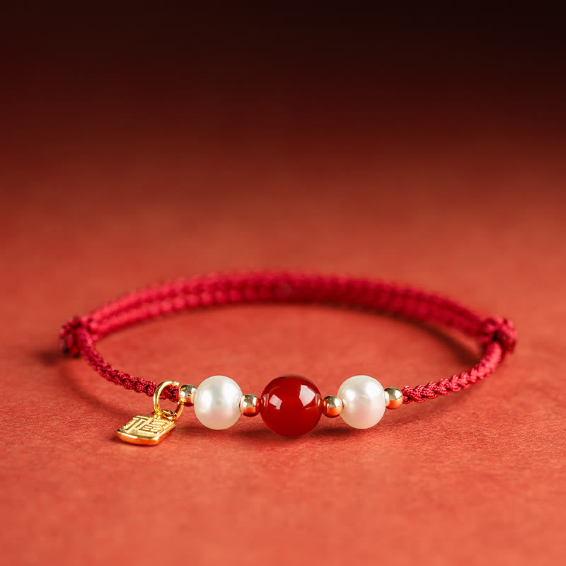 Wear FengShui 925 Sterling Silver Good Fortune Fu Character Agate Pearl Red String Braid Bracelet
