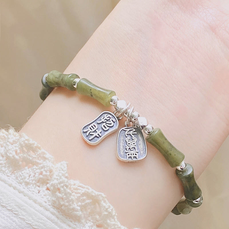 Wear FengShui 925 Sterling Silver Bamboo Jade Lucky Cat Fu Character Luck Abundance Bracelet
