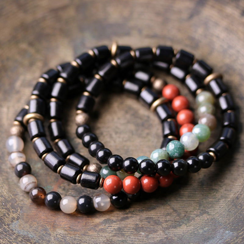 Wear FengShui Ebony Wood Red Jasper Moss Agate Crystal Copper Peace Couple Bracelet