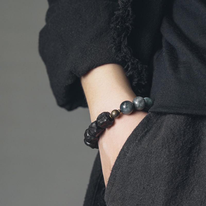 Wear FengShui Eagle's Eye Stone Ebony Wood Copper Confidence Couple Bracelet