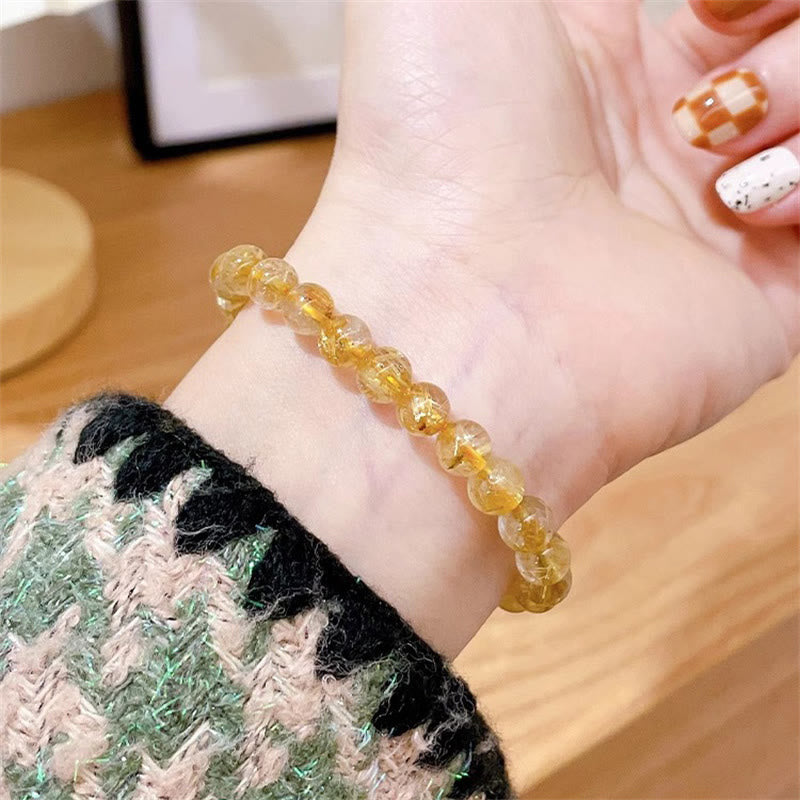 Wear FengShui Natural Gold Rutilated Quartz Sun Stone Kyanite Wealth Bracelet