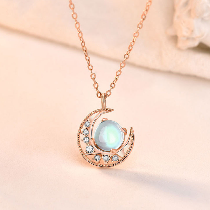 Wear FengShui 925 Sterling Silver Moonstone Moon Pattern Love Necklace Pendant