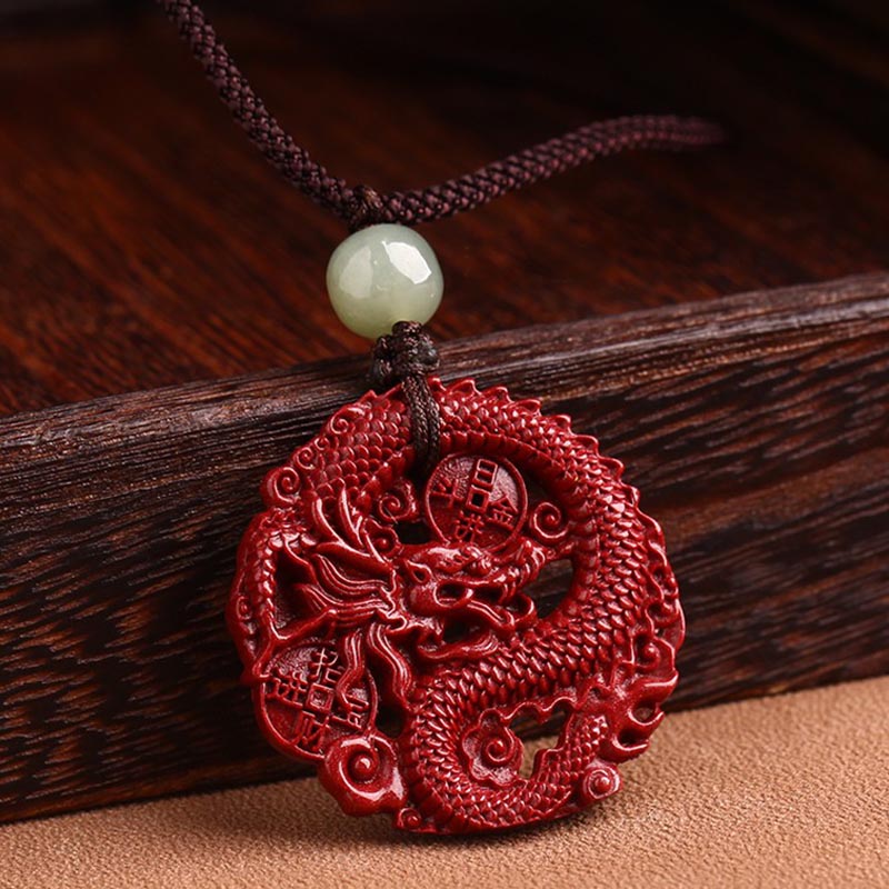 Wear FengShui Year Of The Dragon Natural Cinnabar Hetian Jade Bead Copper Coin Attract Wealth Strength Necklace Pendant