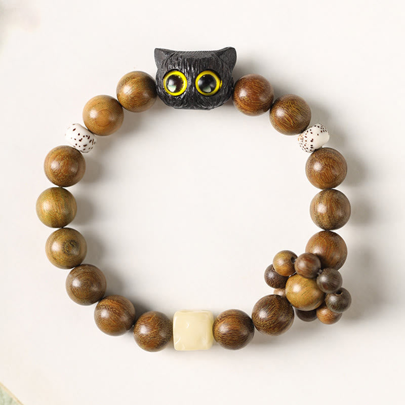 Wear FengShui Green Sandalwood Ebony Wood Cat Peace Soothing Bracelet