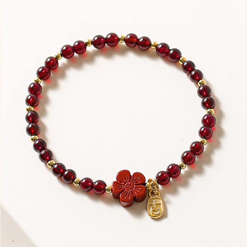 Wear FengShui 14K Gold Plated Natural Garnet Cinnabar Flower Calm Bracelet