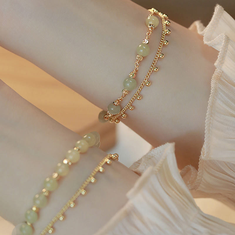 Wear FengShui 14K Gold Plated 2 Layers Hetian Jade Bead Luck Prosperity Bracelet