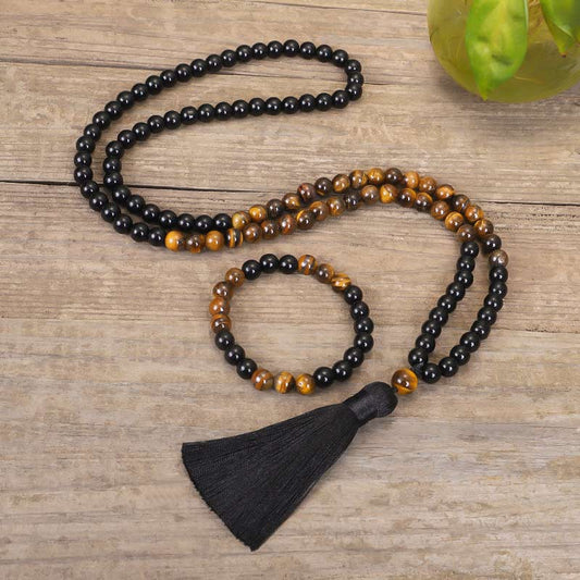 Wear FengShui Tibetan Black Onyx Tiger Eye Protection Necklace Mala Set