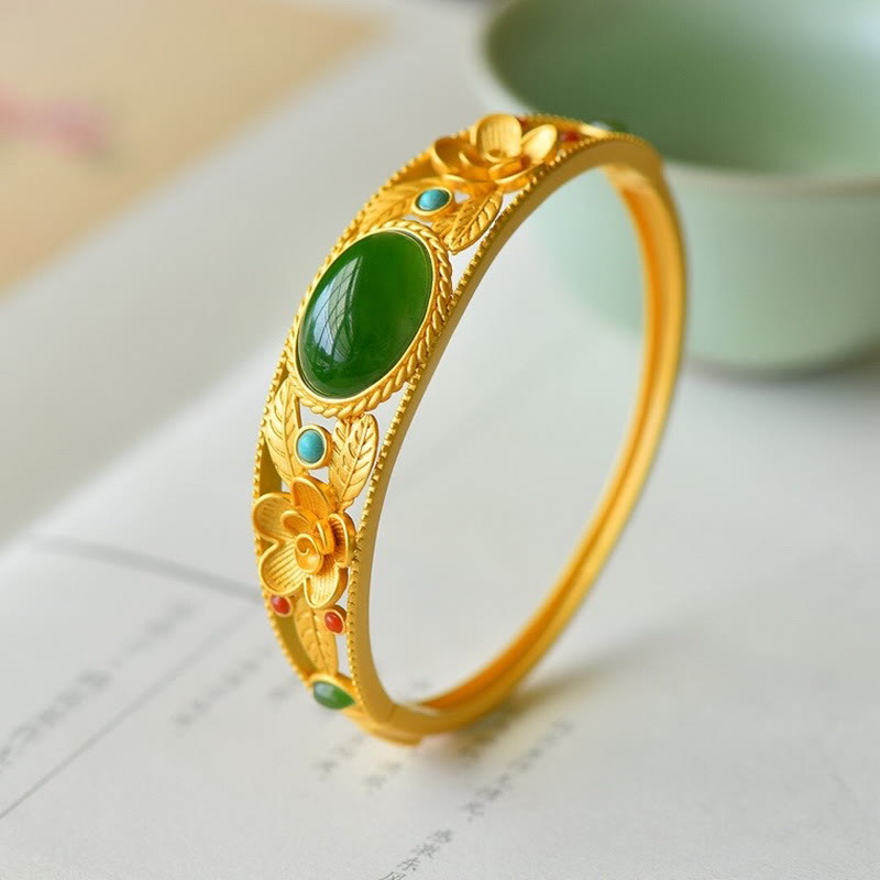 Wear FengShui Cyan Jade White Jade Flower Leaf Harmony Luck Bracelet Bangle