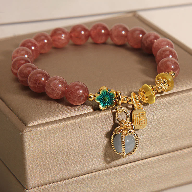Wear FengShui Natural Strawberry Quartz Crystal Aquamarine Fortune Brand Love Bracelet